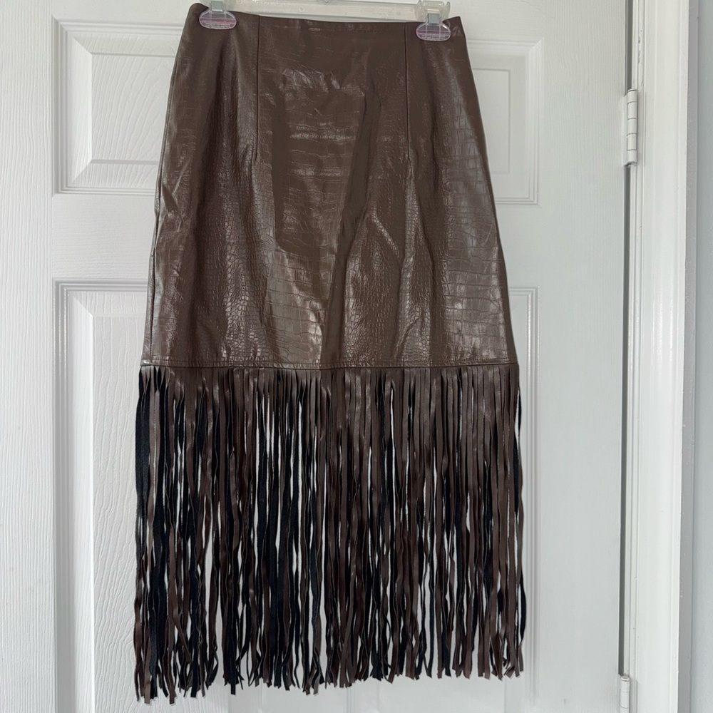 Bagatelle Fringed Faux Leather Midi Skirt! - Picture 2 of 3